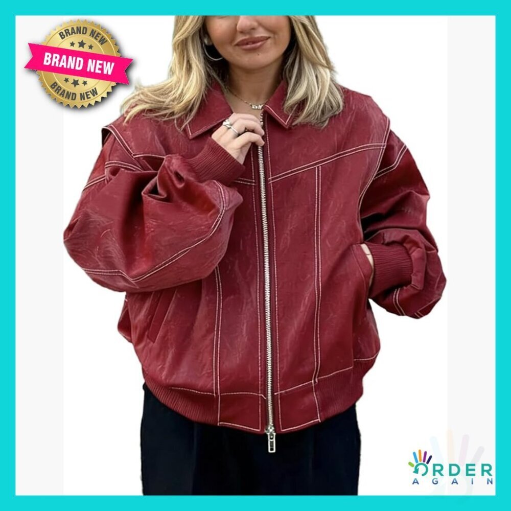 Faux Leather Motorcycle Jacket Oversized Biker Coat Zip Up Streetwear